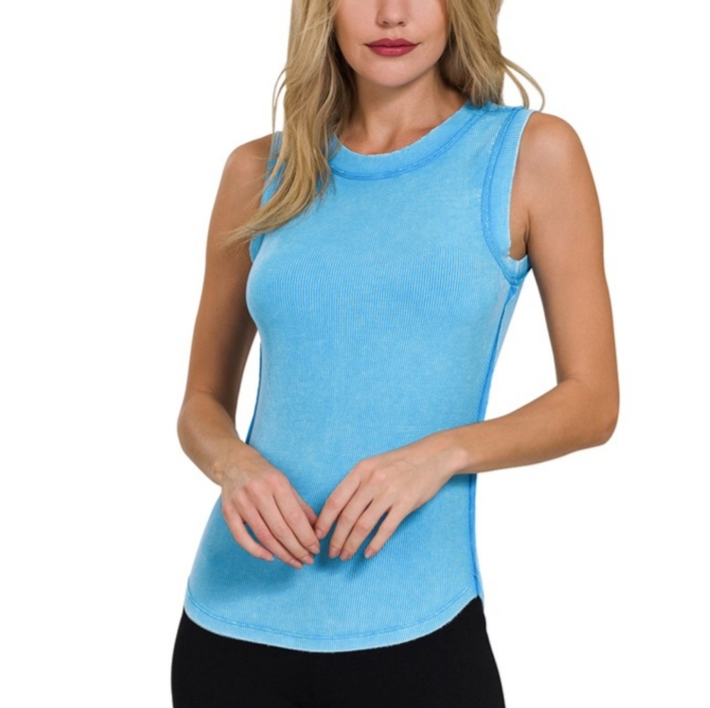 EVE * WASHED RIBBED SCOOP NECK TANK TOP in Deep Sky